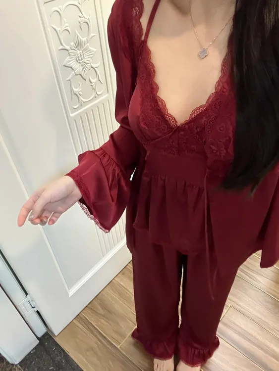 【纯欲三件套】性感蕾丝V领显白冰丝睡衣女春夏2025新款外穿家居服