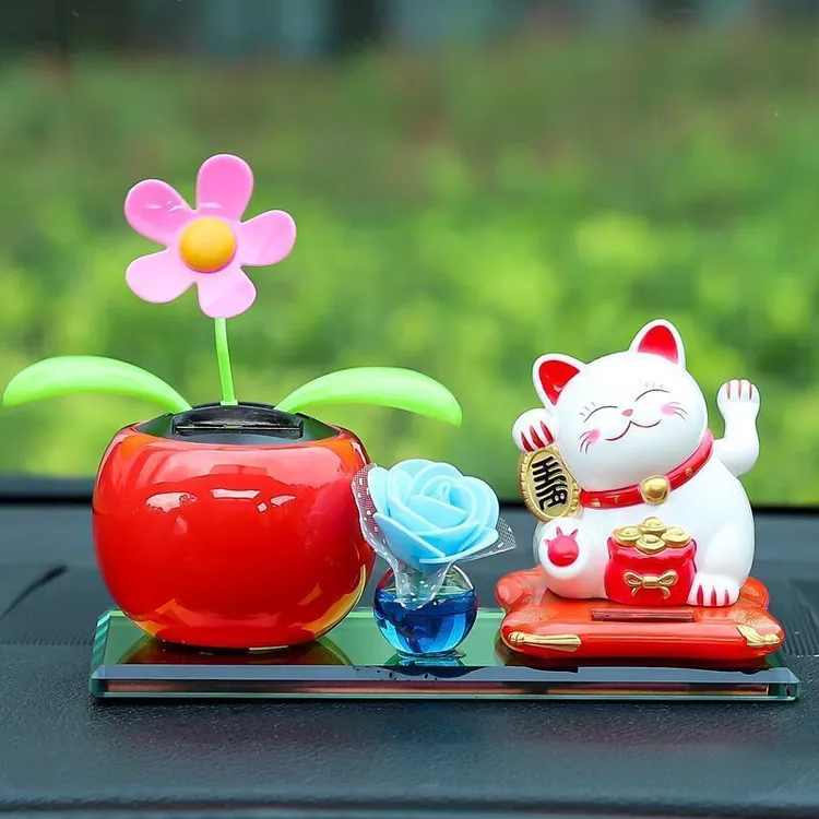 太阳能招财猫汽车摆件车内装饰品摇摆太阳花中控台香水座自动摇摆
