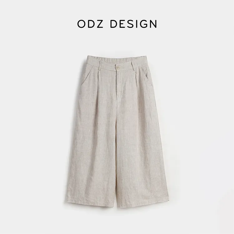 【ODZ】100%法国进口纯亚麻七分裤女夏季新款薄麻料裤子宽松阔腿裤