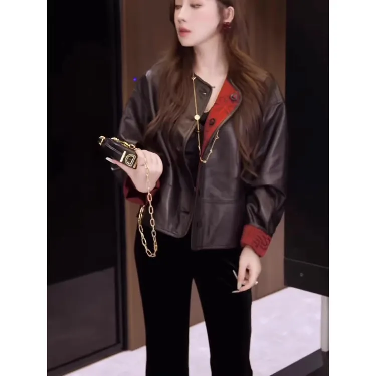 欧洲站热款复古PU可双穿外套2025秋冬新品霸气风蕾丝阔腿喇叭裤女