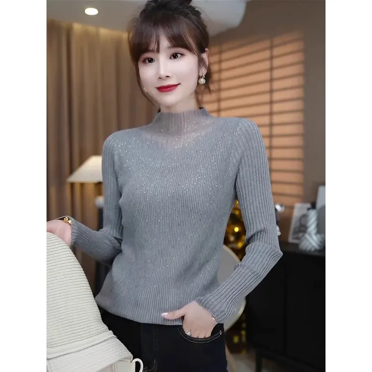 秋冬新款网纱拼接烫钻毛针织衫时尚修身显瘦内搭打底衫半高领上衣
