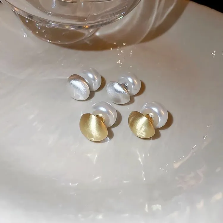 两戴式14mm珍珠耳钉亮面拉丝耳环气质耳饰