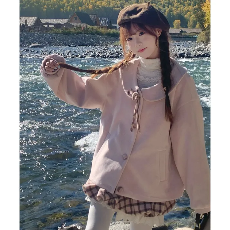 【薄荷白桃】甜美粉色毛呢上衣+半身裙韩系可爱小众撞格子两件套