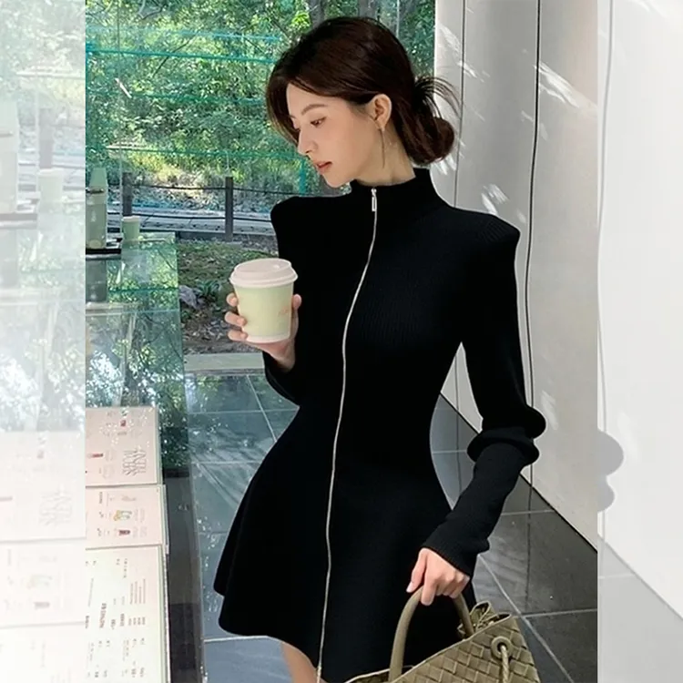 高贵气质洋气衣服女装裙子秋冬高级感黑色半高领修身内搭连衣短裙