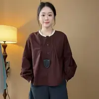 高级感褶皱设计撞色长袖衬衫女2025早秋宽松显瘦小衫洋气减龄开衫