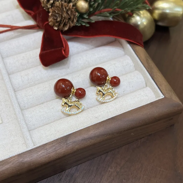 铜合金耳饰 【红韵小马】前后式红色大小珠珠金色小马耳环秋冬