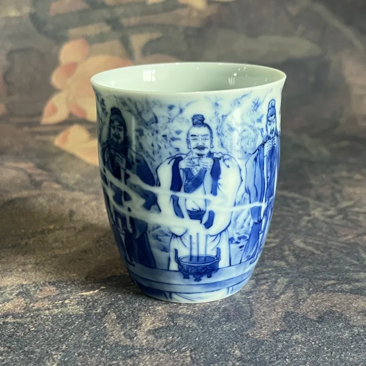景德镇青花瓷晓竹窑《桃园三结义》人物杯手工手绘陶瓷茶杯