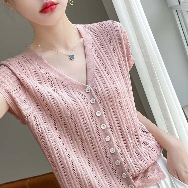 品牌折扣女装专柜撤柜正品V领T恤宽松夏季薄款镂空冰丝针织衫上衣