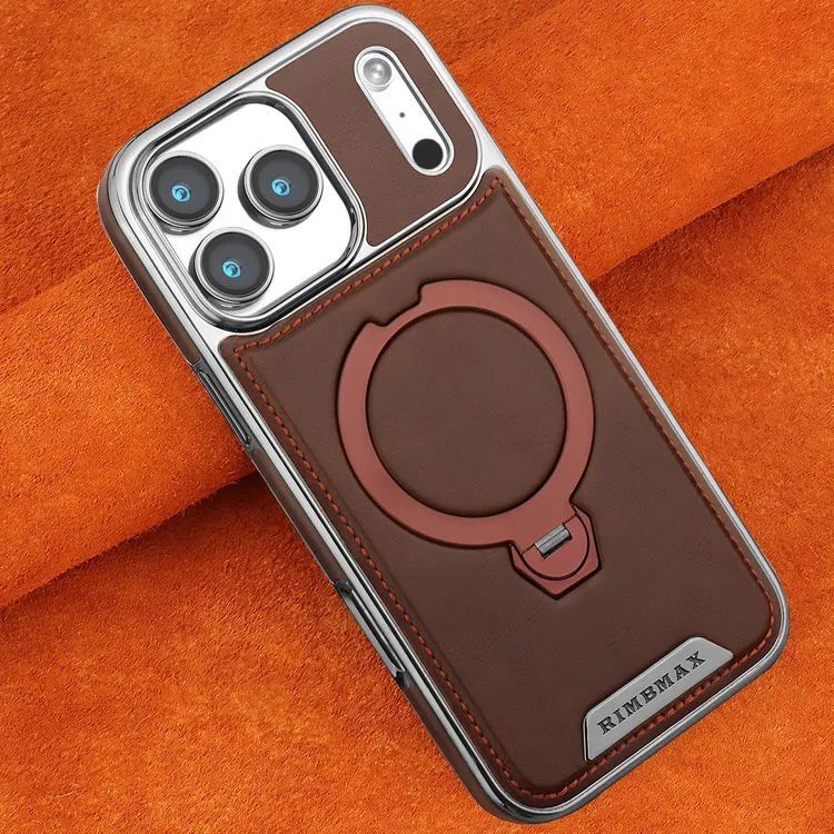 适用于苹果17ProMax旋转磁吸支架手机壳高档皮纹iPhone16全包防摔
