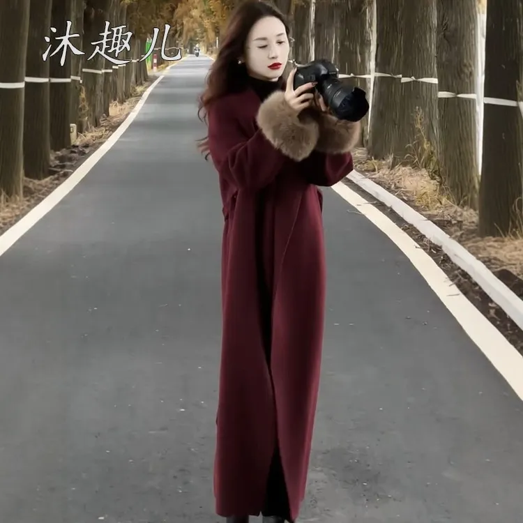 高端网红爆款时尚毛尼大衣女2025冬季新款红色显白显瘦长款外套