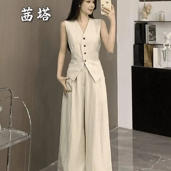 老钱风设计感V领无袖西装马甲高腰阔腿裤两件套女时尚休闲套装夏