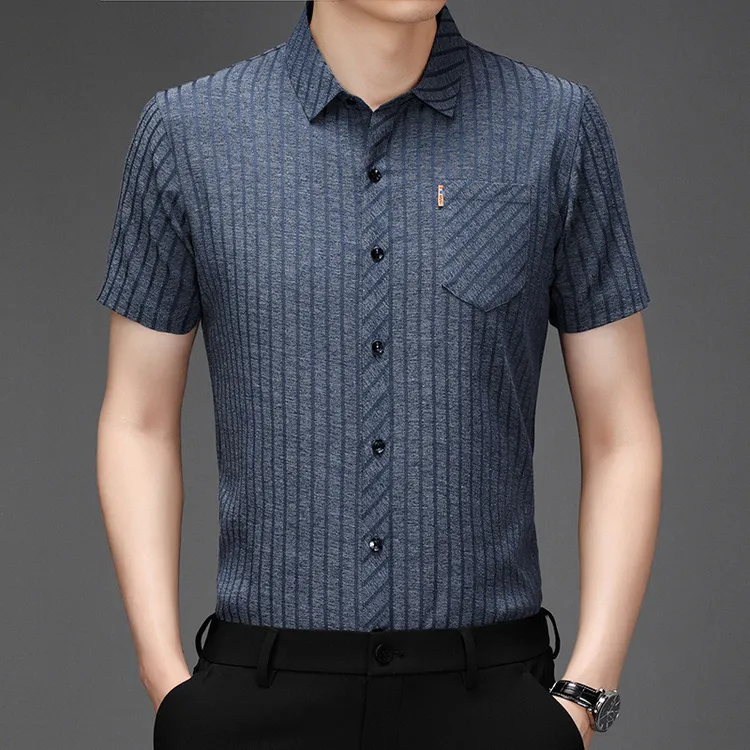 含桑蚕丝亚麻条纹短袖衬衫男2025夏季新款真口袋翻领商务男士衬甲