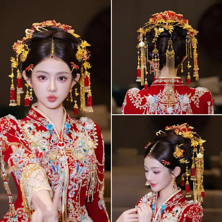 合金树脂婚庆饰品 中式新娘发饰秀禾服后区红金色龙凤褂配饰G0257