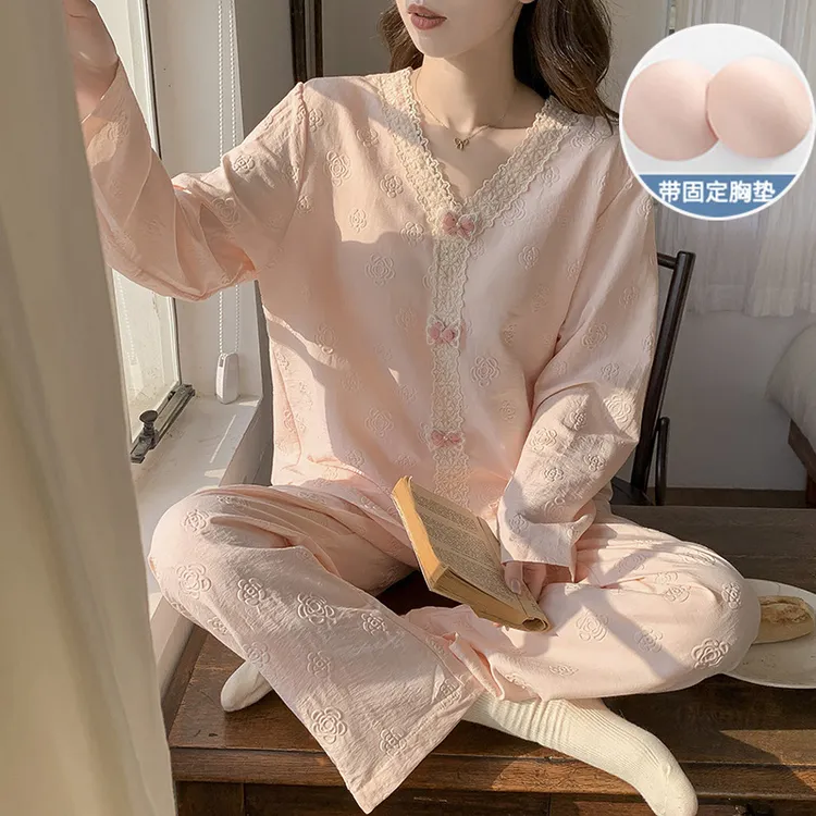 睡衣蕾丝春秋款女带胸垫春秋季韩版甜美ins风宽松长袖家居服套装