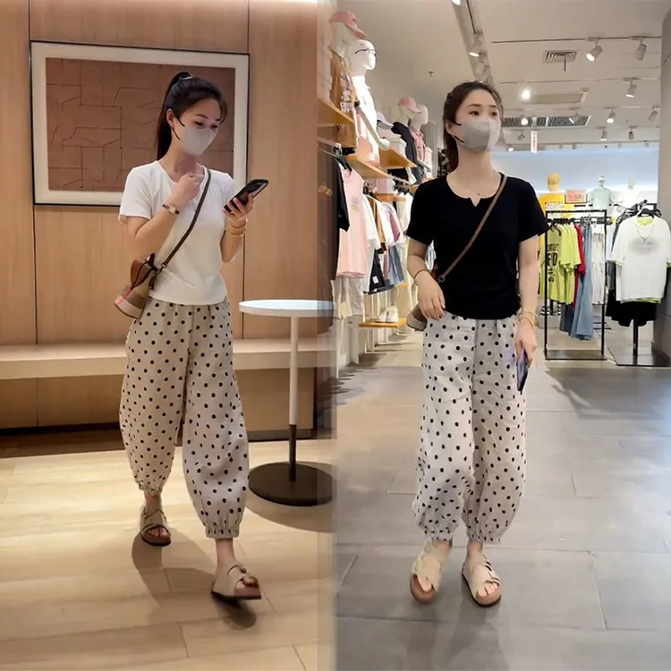 夏装休闲小个子穿搭减龄宽松设计感短袖上衣高腰波点阔腿裤两件套