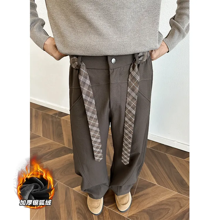 500g重磅加绒弯刀休闲西裤男秋冬日系复古潮牌慵懒阔腿直筒裤裤子