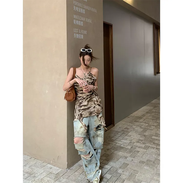 女装夏装套装2025新款爆款辣妹风豹纹吊带背心上衣高腰百搭牛仔裤