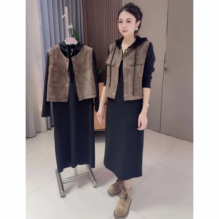 欧洲站时尚套装女2025年秋季新款洋气中长款连帽卫衣裙马甲两件套