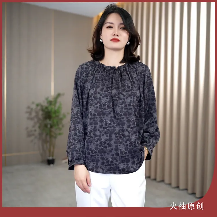 火袖G1770中老年圆领印花上衣早秋新款宽松显瘦长袖妈妈装小衫女