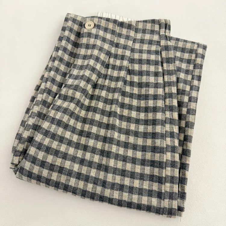 秋季新款复古格子裤女半松紧垂感宽松百搭显瘦经典阔腿裤SY