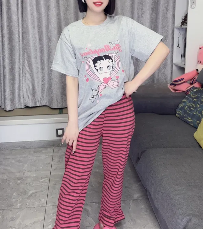 韩版减龄可爱女孩撞色家居服两件套【实物微色差】