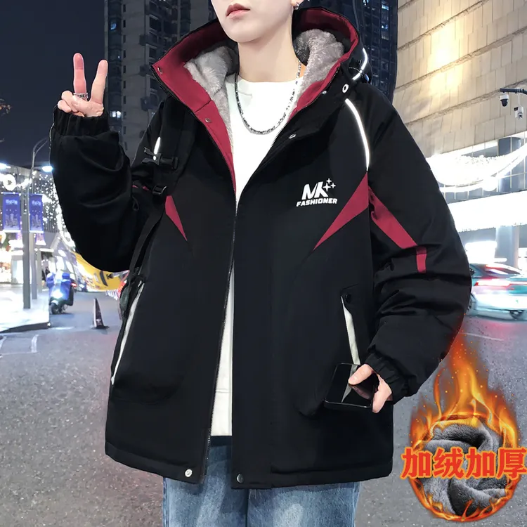 青少年黑红拼色加绒连帽夹克冬季加厚反光潮流保暖棉服外套男保暖
