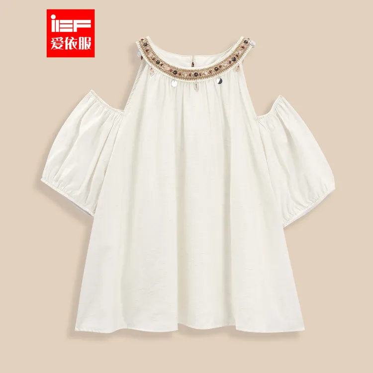 IEF/爱依服2025新款夏季波西米亚度假风露肩梭织上衣流光风