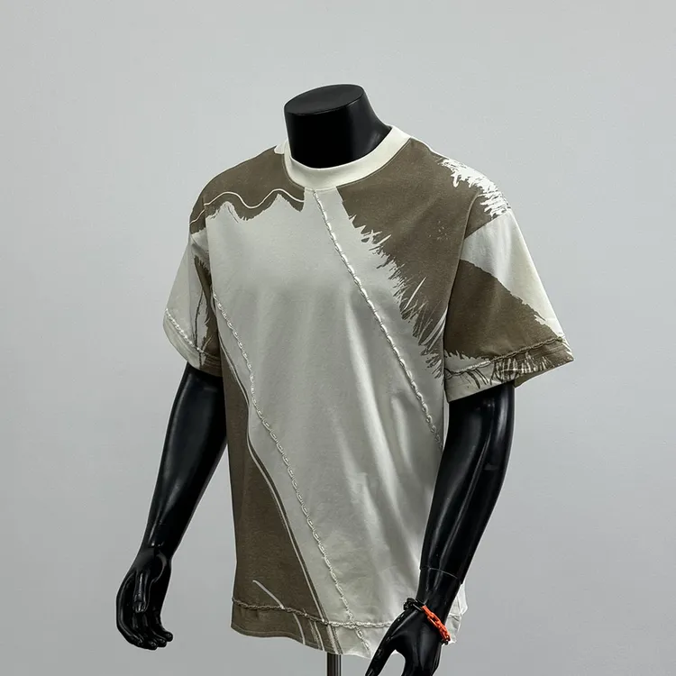 2025年夏季新款美式潮牌圆领纯棉立体线条撞色短袖杏色T恤男T1623