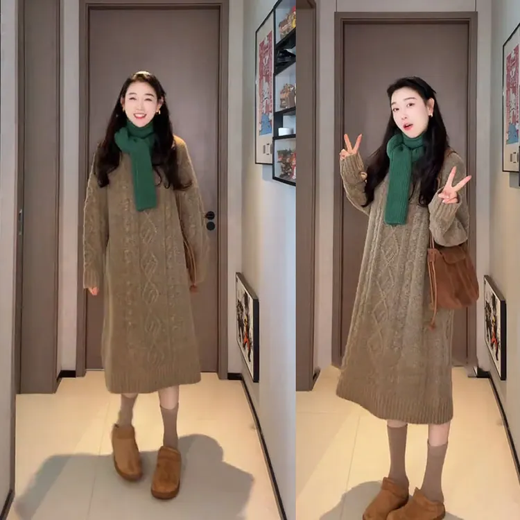 秋冬流行穿搭慵懒风气质长裙独特漂亮超好看时尚针织连衣裙女