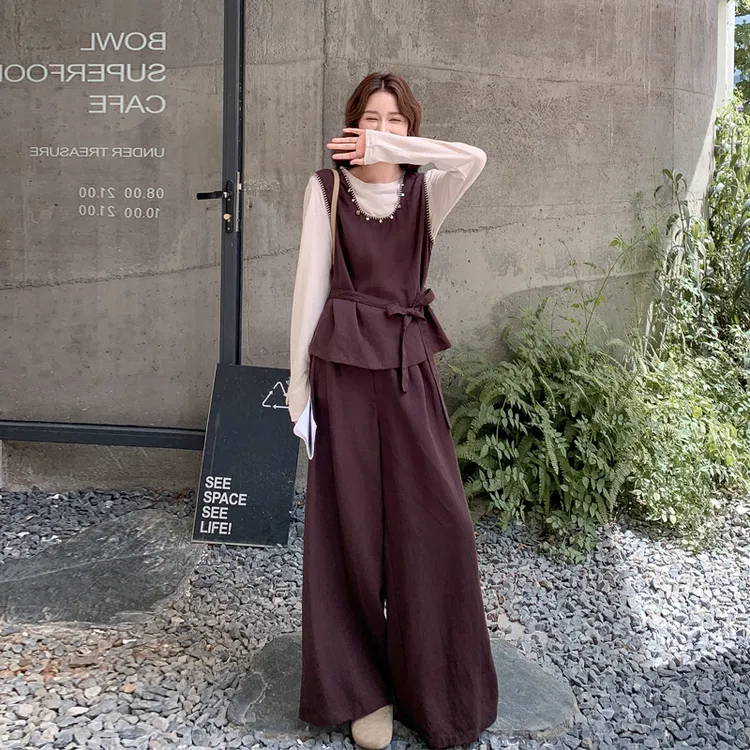 韩系气质通勤风套装裤2025春秋新款氛围感马甲打底衫阔腿裤三件套