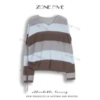 【zonefive】时尚百搭拼色秋冬V领潮牌女装设计师打底休闲条纹秋季