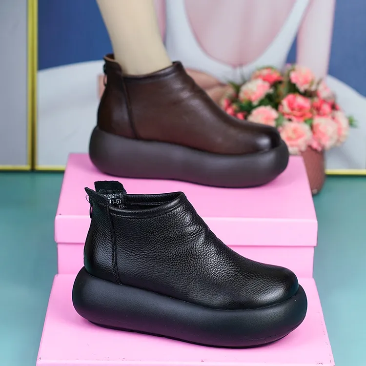68-2062-1秋季爆款真皮女靴头层牛皮圆头松糕厚底简约舒适短靴