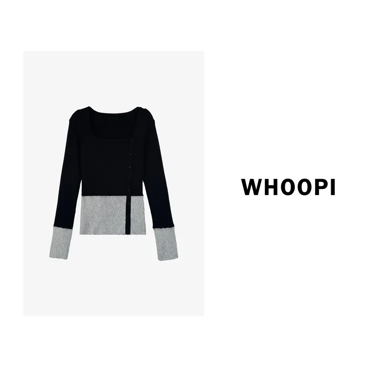 【Whoopi】【马克达街区】桑蚕羊毛撞色假两件针织衫显瘦打底衫