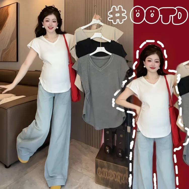 高个子孕妇白色短袖t恤衫夏季簿款套装宽松网红款v领纯色上衣遮肚