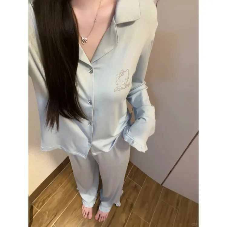 温柔蓝kitty莫代尔睡衣女秋季新款长袖长裤套装大码家居服可外穿