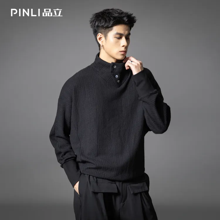 PINLI品立2025秋季新款设计感半排扣立领卫衣宽松休闲套头男上衣