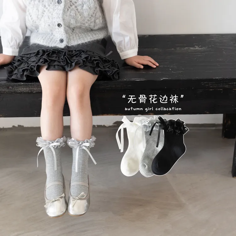 女童袜子春秋棉袜短袜儿童韩版蝴蝶结花边公主袜秋季女宝宝中筒袜