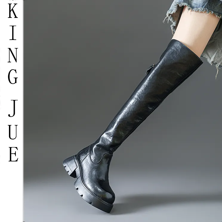 【王爵】真皮过膝长筒靴/粗跟6厘米/黑色圆头瘦瘦靴过膝高筒靴子女