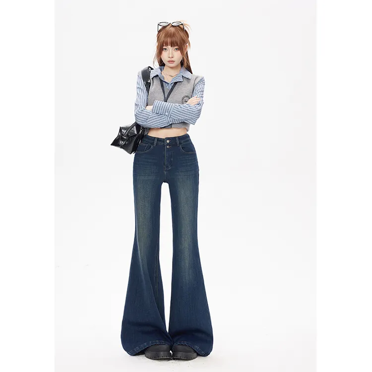 轻奢蓝加绒牛仔裤复古弹力微喇裤冬季美式百搭显高显瘦喇叭牛仔裤