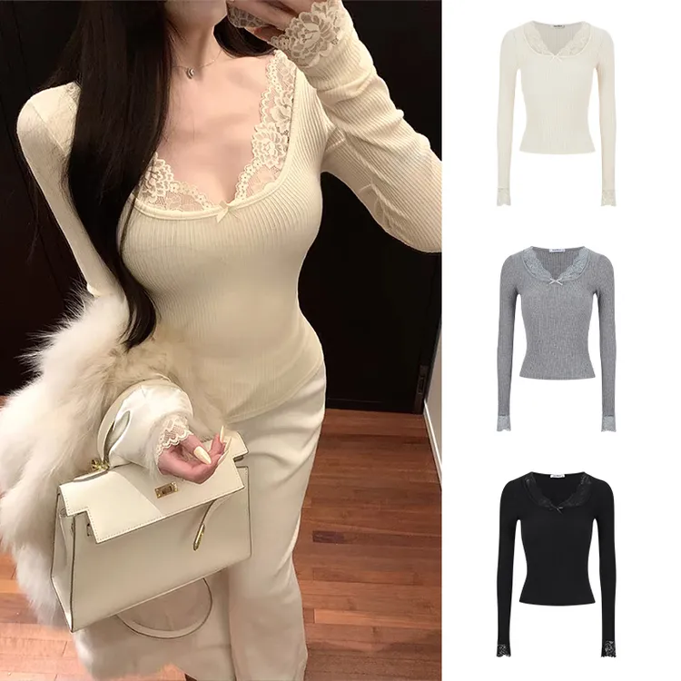 Moses Queen/魔西女王法式蕾丝花边拼接长袖T恤修身显瘦早秋上衣