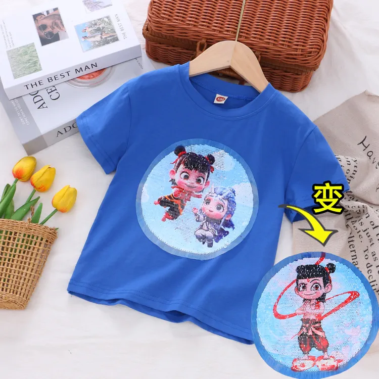 童装夏季新款儿童哪吒亮片短袖T恤儿童服装哪吒闹海短袖男童衣服