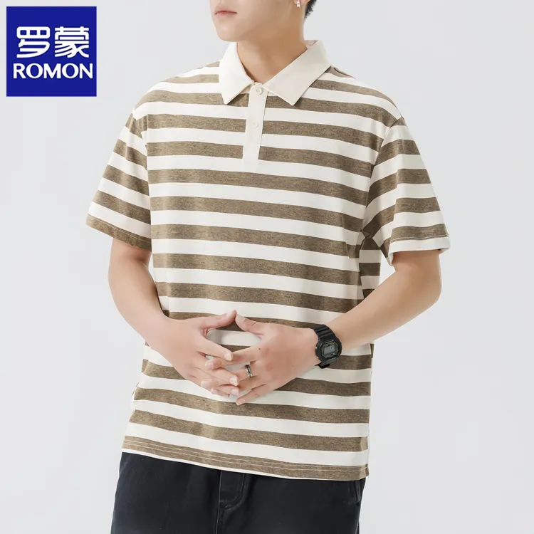 Romon/罗蒙翻领条纹POLO衫男士夏季日系短袖T恤宽松休闲半袖简约