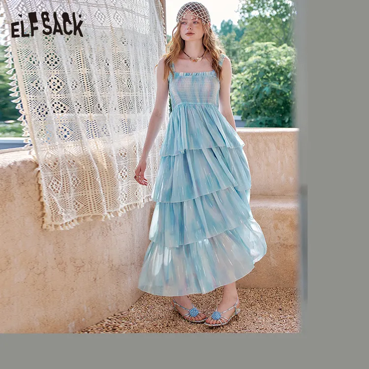 妖精的口袋雪纺印花亮丝法式连衣裙女2025年夏季新款气质吊带裙字