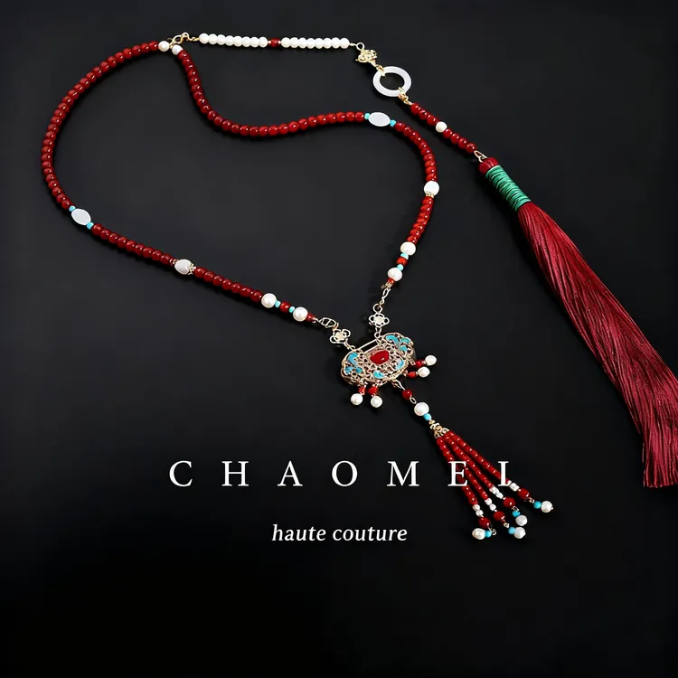 合金琉璃项链 OJ古风项链长璎珞流苏背云明制汉服订婚红色新中式