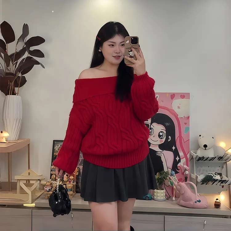 大码穿搭一字肩红色毛衣秋冬微胖MM新款慵懒高级感宽松针织厚上衣