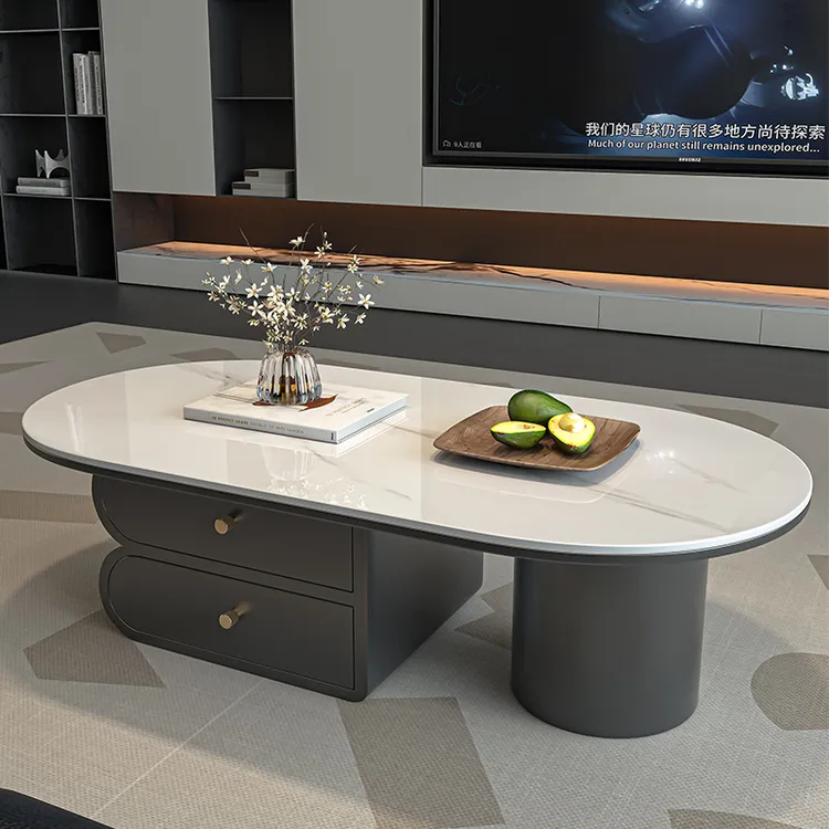 椭圆形意式茶几客厅家用 小户型轻奢极简高级感 奶油风储物法式桌