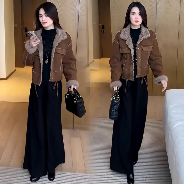 加厚皮毛一体外套女2025冬季新款洋气保暖小个子短款麂皮绒夹克潮