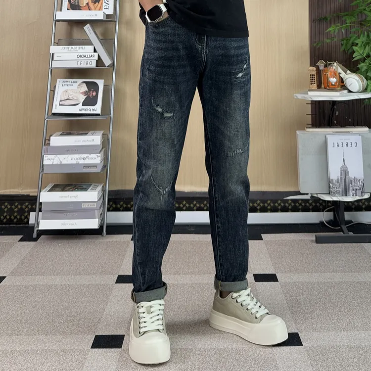 【微椎】潮流破洞男士春秋款弹力牛仔裤微宽松水洗修身时尚百搭长裤