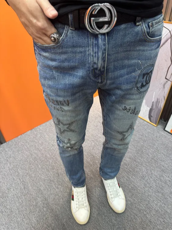 秋冬男士复古蓝色牛仔裤修身烫钻潮牌个性潮流时尚百搭裤子