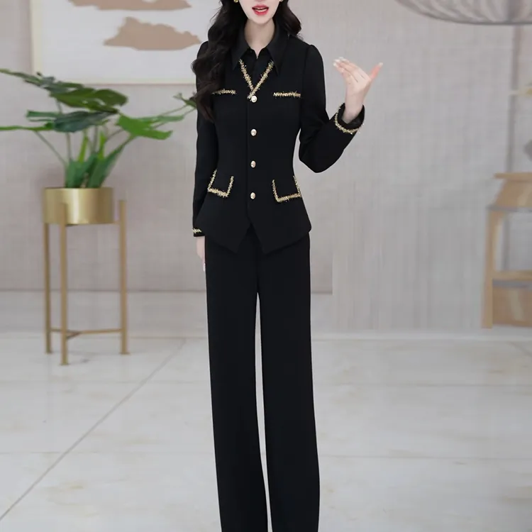 高档气质时尚黑色优雅小香风套装2025年秋季新款减龄阔腿裤两件套